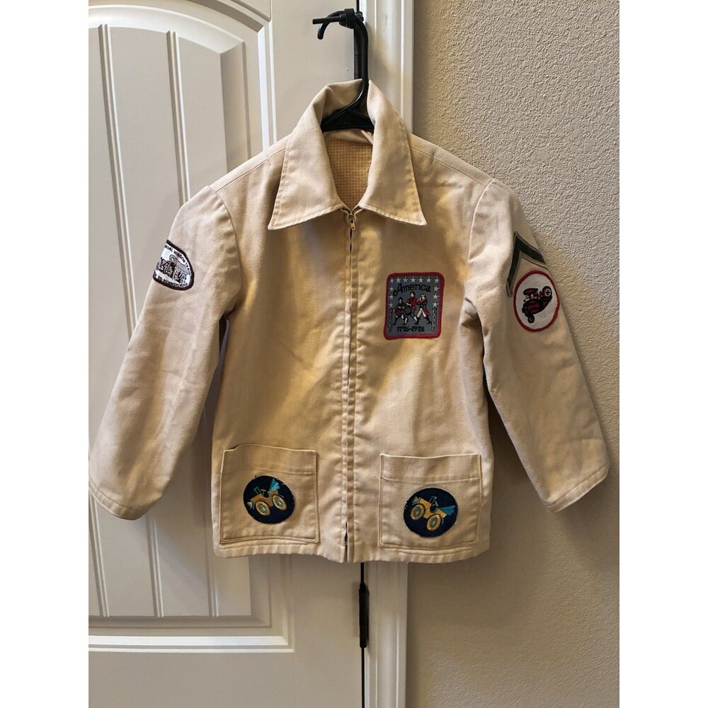 Vintage 70's Khaki Jacket w/ iron-on patches-Bicentennial Red Baron Roadster XS